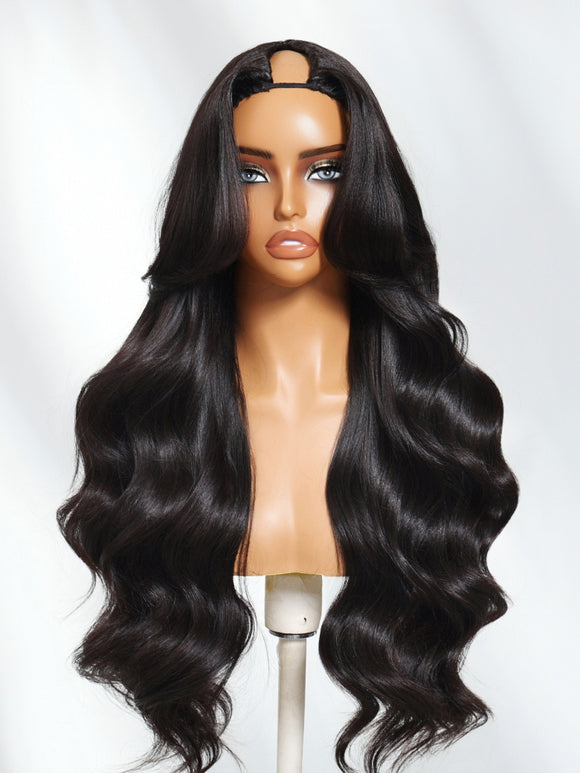 22"-24" Yaki Wavy With Flip Out Bang EasiContour Drawstring V-Part Glueless Human Hair Wigs Flash Sale