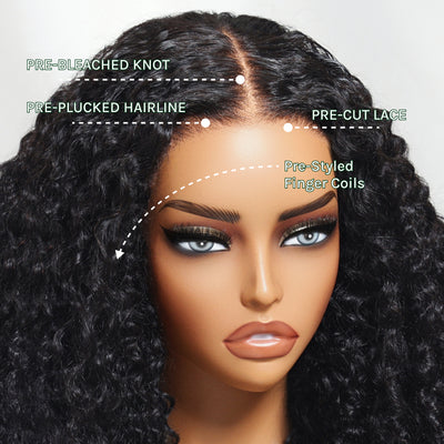 Klaiyi 7x5 Bye Bye Knots Curly Hair with Finger Coil Ends Put on and Go Glueless Human Hair Wig