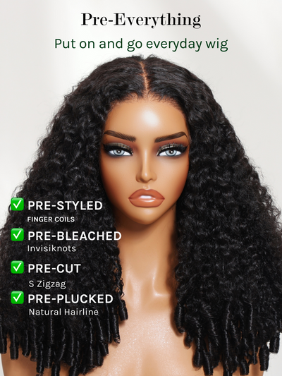Klaiyi 7x5 Bye Bye Knots Curly Hair with Finger Coil Ends Put on and Go Glueless Human Hair Wig