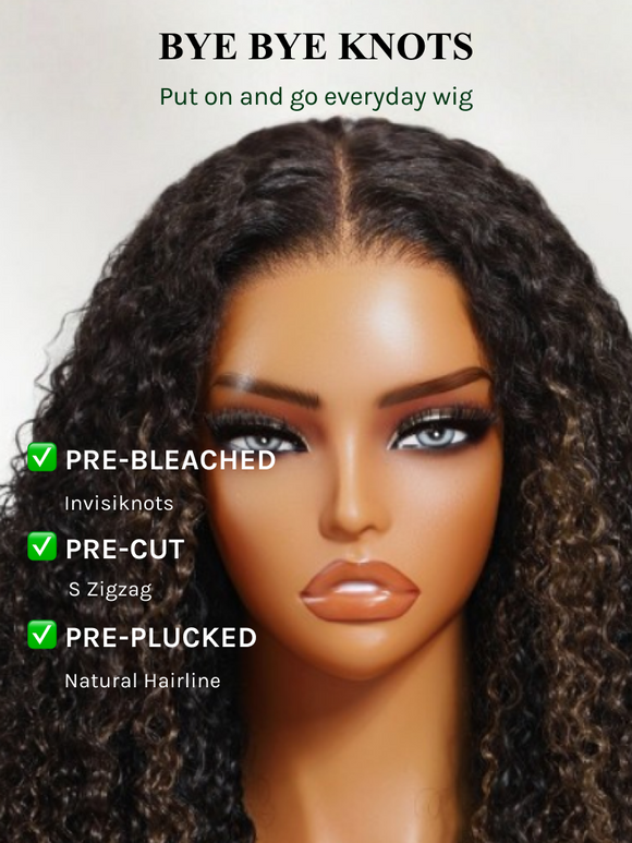 Klaiyi Ombre Chestnut Brown 7x5 Burmese Curly Wig with Finger Coil Ends Put On and Go Glueless Human Hair with Invisi Drawstring