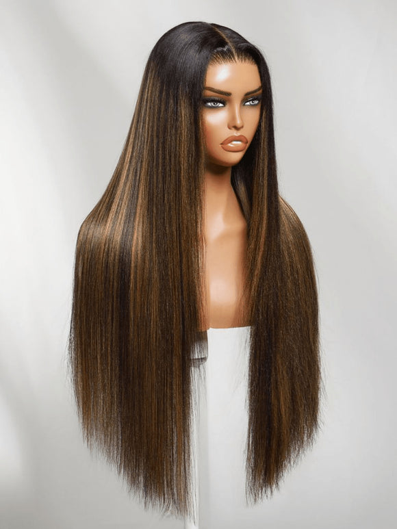 Klaiyi 13×4 Yaki Straight Balayage Highlight Lace Front Wig Put on and Go with Invisible Drawstring Human Hair Wigs