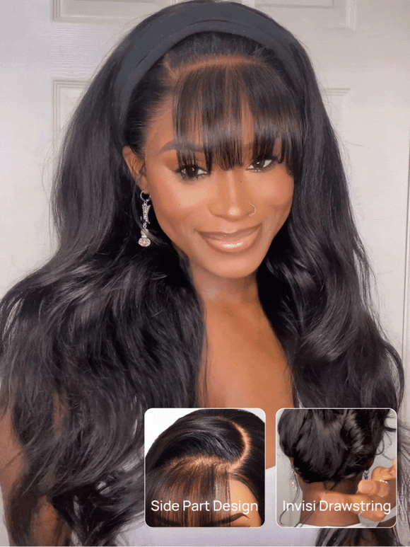 Klaiyi 13x4 Pre everything™ Lace Frontal Fluffy Natural Loose Body Wave With Vintage Air Bangs Put on and Go Glueless Human Hair Wigs