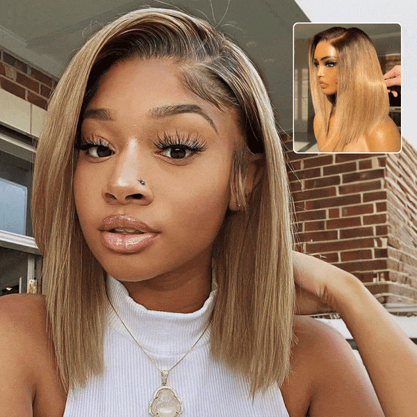 Extra 70% OFF |Klaiyi Tres Leches Blonde with Brown Root Bob Wigs Salt and pepper Hair Short Straight Bye-Bye Knots Wig