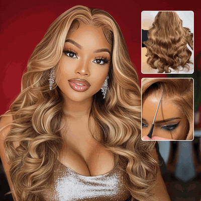 Klaiyi Ombre Highlight Blonde Body Wave 7x5 Bye Bye Knots Lace Wig Human Hair Put on and go Wigs