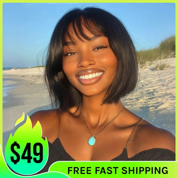 Klaiyi Straight Bob Wig With Blunt Cut Bangs Glueless Human Hair Wig Flash Sale