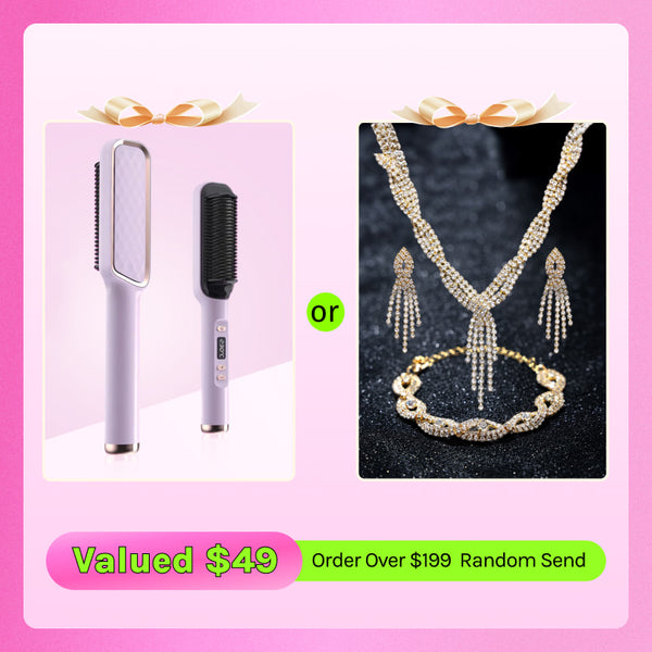 Klaiyi 8Th Anniversary Exclusive Free Gifts Hair Straightener Brush Or Necklace Earrings Bracelet Set For Order Over $199