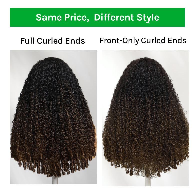 Klaiyi Ombre Chestnut Brown 7x5 Burmese Curly Wig with Finger Coil Ends Put On and Go Glueless Human Hair with Invisi Drawstring