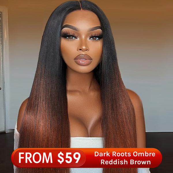 Flash Sale Klaiyi Yaki Straight V Part Wigs Ombre Reddish Brown with Dark Roots Upgrade Invisi Drawstring