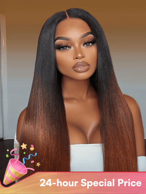 $77=20" Wig | Flash Sale Klaiyi Yaki Straight V Part Wigs Ombre Reddish Brown with Dark Roots Upgrade Invisi Drawstring