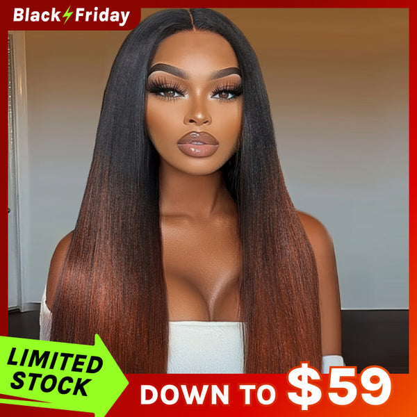 Down To $59 | Flash Sale Klaiyi Yaki Straight V Part Wigs Ombre Reddish Brown with Dark Roots Upgrade Invisi Drawstring