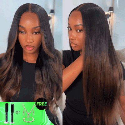 Klaiyi Ombre Chestnut Brown and Balayage Highlight Yaki Straight Put On and Go Glueless Wig 7x5 Bye Bye Knots And 13x4 Lace Frontal Human Hair Wigs with Invisi Drawstring