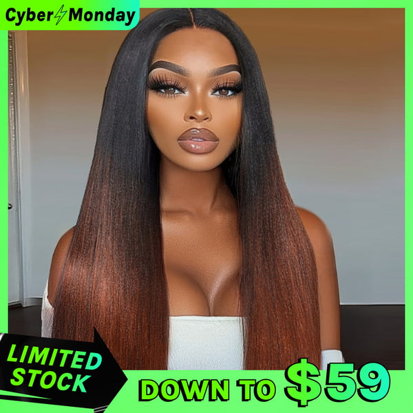 Down To $59 | Flash Sale Klaiyi Yaki Straight V Part Wigs Ombre Reddish Brown with Dark Roots Upgrade Invisi Drawstring