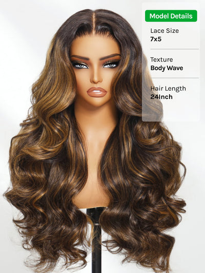Klaiyi Ombre Brown Balayage Highlight Body Wave 13x4 Pre everything Wig Precolored Glueless Human Hair Lace Wig