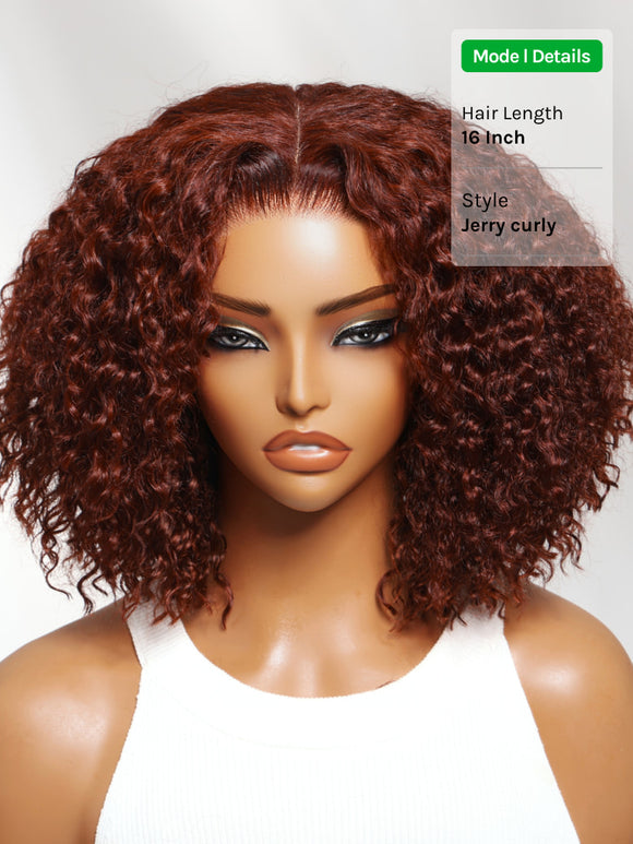 Klaiyi Reddish Brown Jerry Curly 7x5 Bye Bye Knots Human Hair Wig Put On and Go Glueless Lace Wig