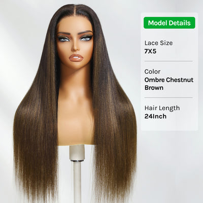 Klaiyi Ombre Chestnut Brown and Balayage Highlight Yaki Straight Put On and Go Glueless Wig 7x5 Bye Bye Knots And 13x4 Lace Frontal Human Hair Wigs with Invisi Drawstring