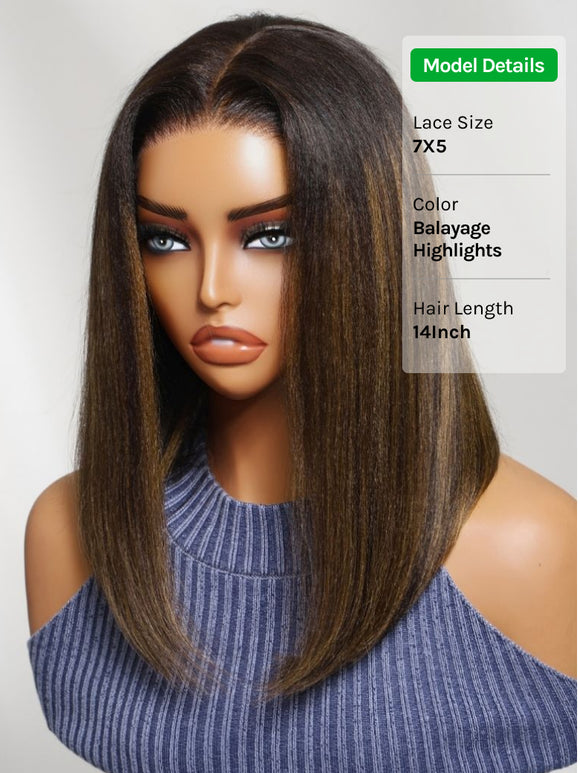 Klaiyi 7x5 No Slip Glueless Lace Wig Black with Caramel Highlights Side Part Yaki Straight Bob Wig with Invisi Drawstring