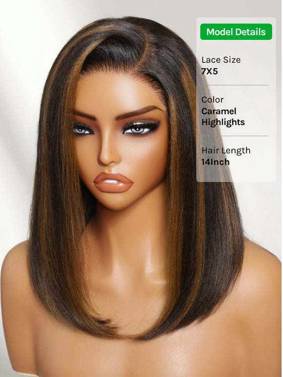 Klaiyi 7x5 No Slip Glueless Lace Wig Black with Caramel Highlights Side Part Yaki Straight Bob Wig with Invisi Drawstring