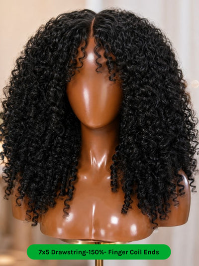 Klaiyi 7x5 Bye Bye Knots Curly Hair with Finger Coil Ends Put on and Go Glueless Human Hair Wig