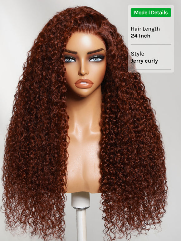 Klaiyi Reddish Brown Jerry Curly 7x5 Bye Bye Knots Human Hair Wig Put On and Go Glueless Lace Wig