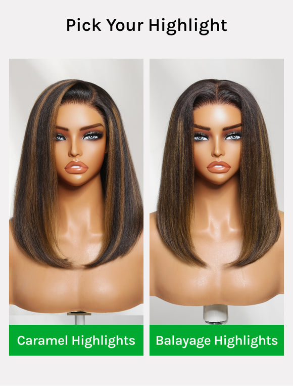 Klaiyi 7x5 No Slip Glueless Lace Wig Black with Caramel Highlights Side Part Yaki Straight Bob Wig with Invisi Drawstring