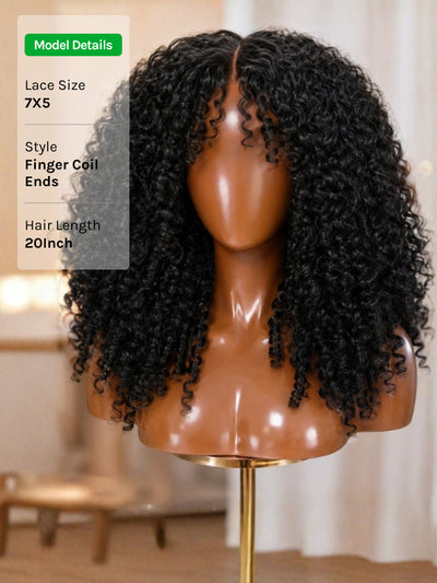 Peluca Klaiyi 7x5 adiós nudos cabello rizado con puntas de coil de dedo pon y ve peluca de cabello humano sin pegamento