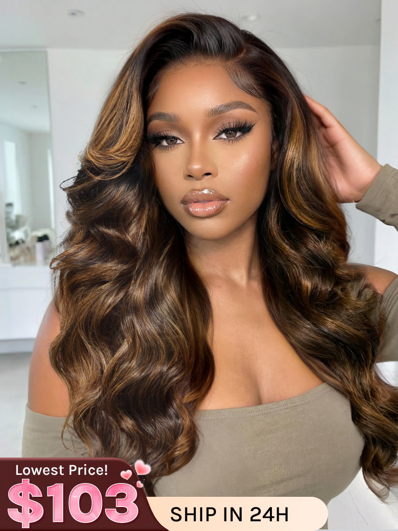 Klaiyi Ombre Brown Balayage Highlight Body Wave 7x5 Bye Bye Knots Wig Precolored Glueless Human Hair Lace Wig