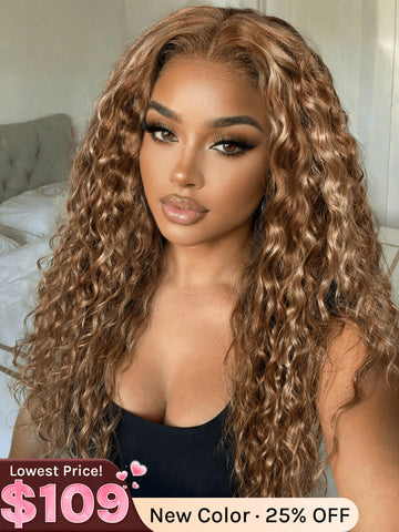 Klaiyi Sun-Kissed Honey & Warm Golden Blonde Water Wave 7x5 & 13x4 Glueless Put On And Go Wig with Invisi Drawstring