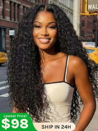 Klaiyi 7x5 and 13x4 Water Wave Drawstring™ Wig Put On and Go Glueless Human Hair Wigs Natural Black Color with Baby Hair