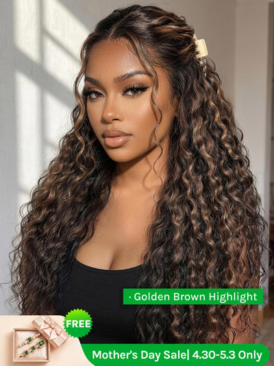 Klaiyi 7x5 Golden Brown Highlight Water Wave Bye Bye Knots Lace Closure Wig 150% Density