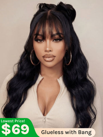Klaiyi Yaki Straight Human Hair Glueless Wig with Blunt Cut Bangs Natural Black Color