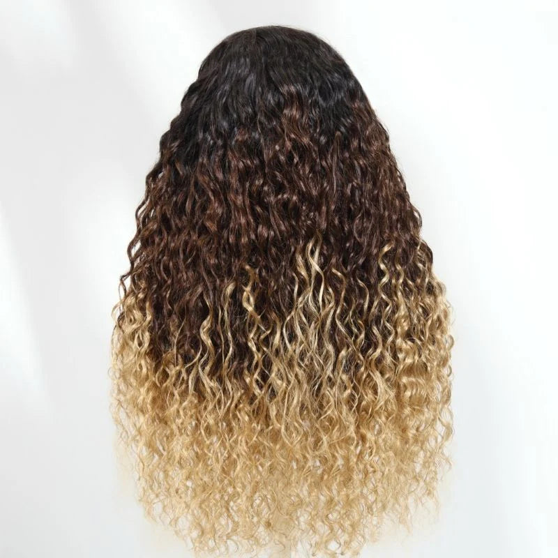 Flash Sale Klaiyi 7x5 Pre Cut 1B/4/27 Ombre Brown to Blonde Water Wave Wig With Dark Roots Lace Wig With Invisi Drawstring
