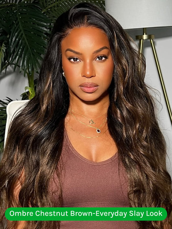 Klaiyi Ombre Chestnut Brown Yaki Straight Glueless Wig 7x5 No-Slip & 13x4 Pre-Everything Put On & Go Human Hair Wigs with Invisi Drawstring