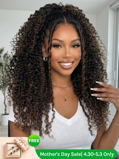 Klaiyi Ombre Chestnut Brown 7x5 Burmese Curly Wig with Finger Coil Ends Put On and Go Glueless Human Hair with Invisi Drawstring