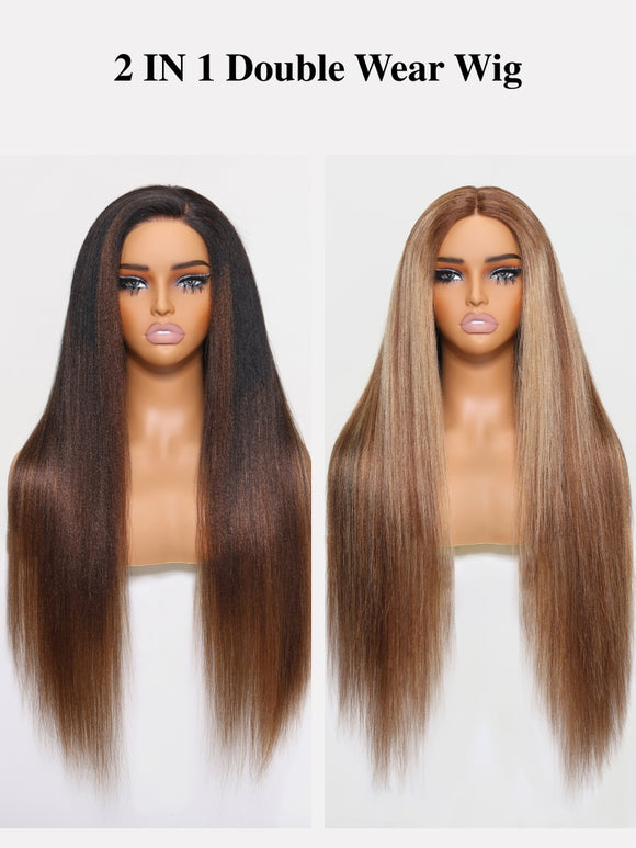 Double Wear Wig Ombre Chestnut Brown&Honey Blonde Yaki Straight Wig Flip & Go Fast Transformation 100% Human Hair Klaiyi Hair