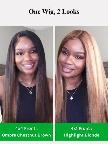 Double Wear Wig Ombre Chestnut Brown&Honey Blonde Yaki Straight Wig Flip & Go Fast Transformation 100% Human Hair Klaiyi Hair