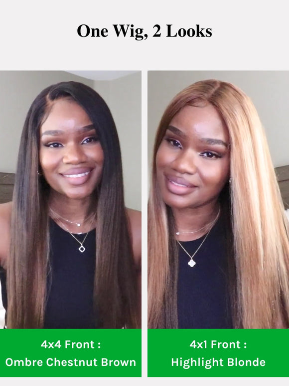 Double Wear Wig Ombre Chestnut Brown&Honey Blonde Yaki Straight Wig Flip & Go Fast Transformation 100% Human Hair Klaiyi Hair