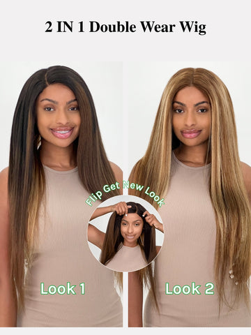 Double Wear Wig Ombre Chestnut Brown&Honey Blonde Yaki Straight Wig Flip & Go Fast Transformation 100% Human Hair Klaiyi Hair