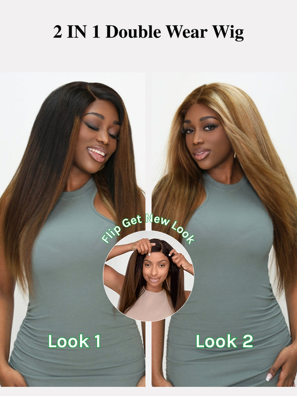 Double Wear Wig Ombre Chestnut Brown&Honey Blonde Yaki Straight Wig Flip & Go Fast Transformation 100% Human Hair Klaiyi Hair