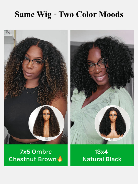 Klaiyi Ombre Chestnut Brown 7x5 Burmese Curly Wig with Finger Coil Ends Put On and Go Glueless Human Hair with Invisi Drawstring