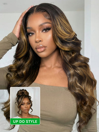 Klaiyi Ombre Brown Balayage Highlight Body Wave 13x4 Pre everything Wig Precolored Glueless Human Hair Lace Wig