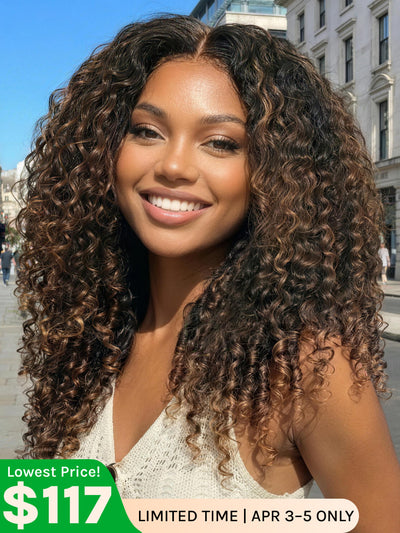 Klaiyi Ombre Chestnut Brown 7x5 Burmese Curly Wig with Finger Coil Ends Put On and Go Glueless Human Hair with Invisi Drawstring