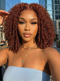 Klaiyi Reddish Brown Jerry Curly 7x5 Bye Bye Knots Human Hair Wig Put On and Go Glueless Lace Wig