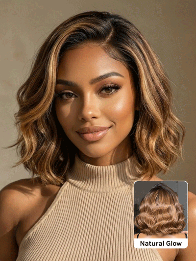 Klaiyi Balayage Brown French Bob Wig Shoulder-Length Loose Curls 13x4 Pre-Everything Glueless Lace with Invisi Drawstring
