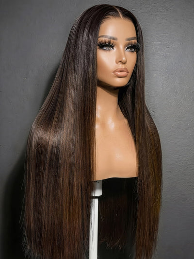 Klaiyi Ombre Chestnut Brown Yaki Straight Glueless Wig 7x5 No-Slip & 13x4 Pre-Everything Put On & Go Human Hair Wigs with Invisi Drawstring