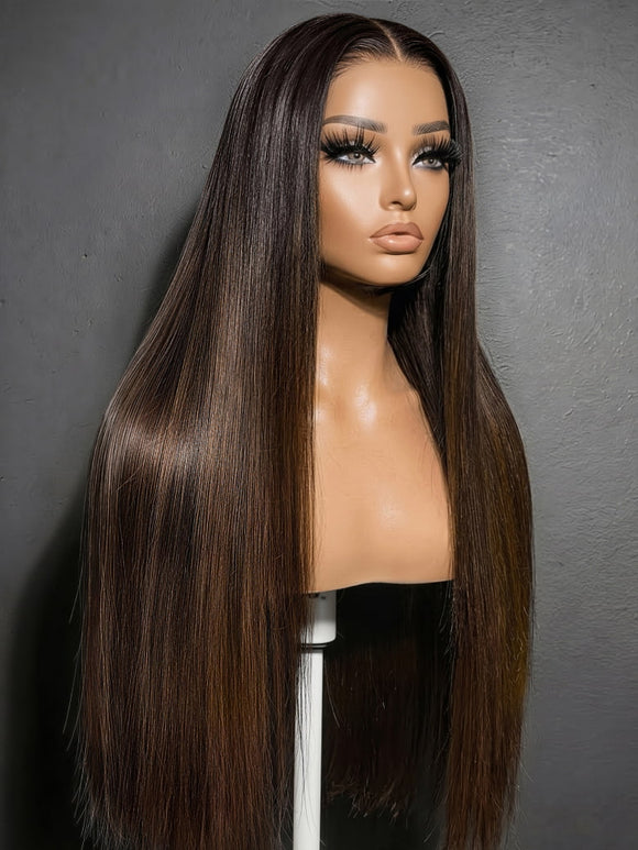Klaiyi Ombre Chestnut Brown Yaki Straight Glueless Wig 7x5 No-Slip & 13x4 Pre-Everything Put On & Go Human Hair Wigs with Invisi Drawstring