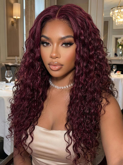 Klaiyi 99J Burgundy Water Wave Wig Long Human Hair 13x4 Glueless Lace Front Wig with Invisi Drawstring Flash Sale