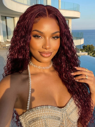 Klaiyi 99J Burgundy Water Wave Wig Long Human Hair 13x4 Glueless Lace Front Wig with Invisi Drawstring Flash Sale