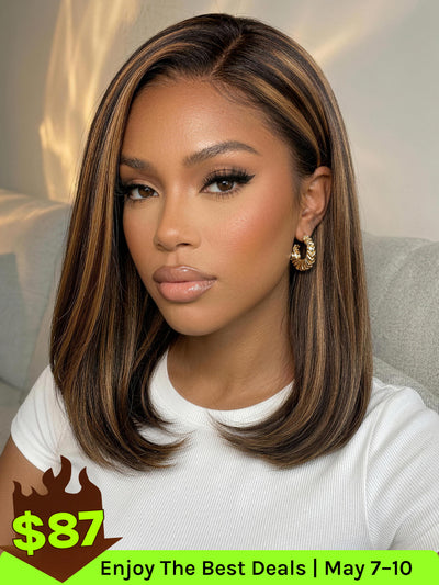 Klaiyi 7x5 No Slip Glueless Lace Wig Black with Caramel Highlights Side Part Yaki Straight Bob Wig with Invisi Drawstring