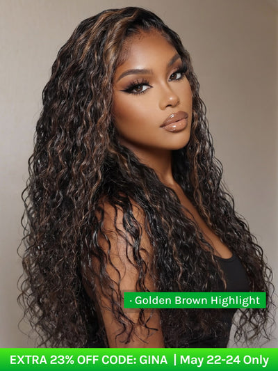 Klaiyi 7x5 Golden Brown Highlight Water Wave Bye Bye Knots Lace Closure Wig 150% Density
