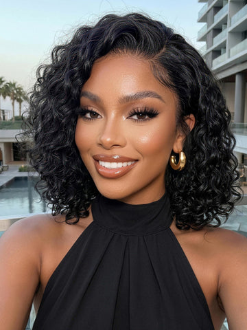 Klaiyi 6x4 Lace Closure 220% Density Put On& Go Water Wave Short Wavy Bob Wig Glueless Minimalist Lace Wig